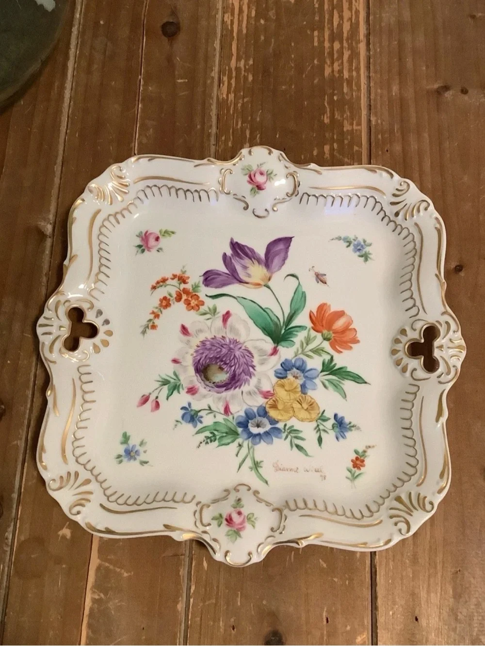 Decorative Floral Porcelain Serving Plate in White with Multicolor Bouquet